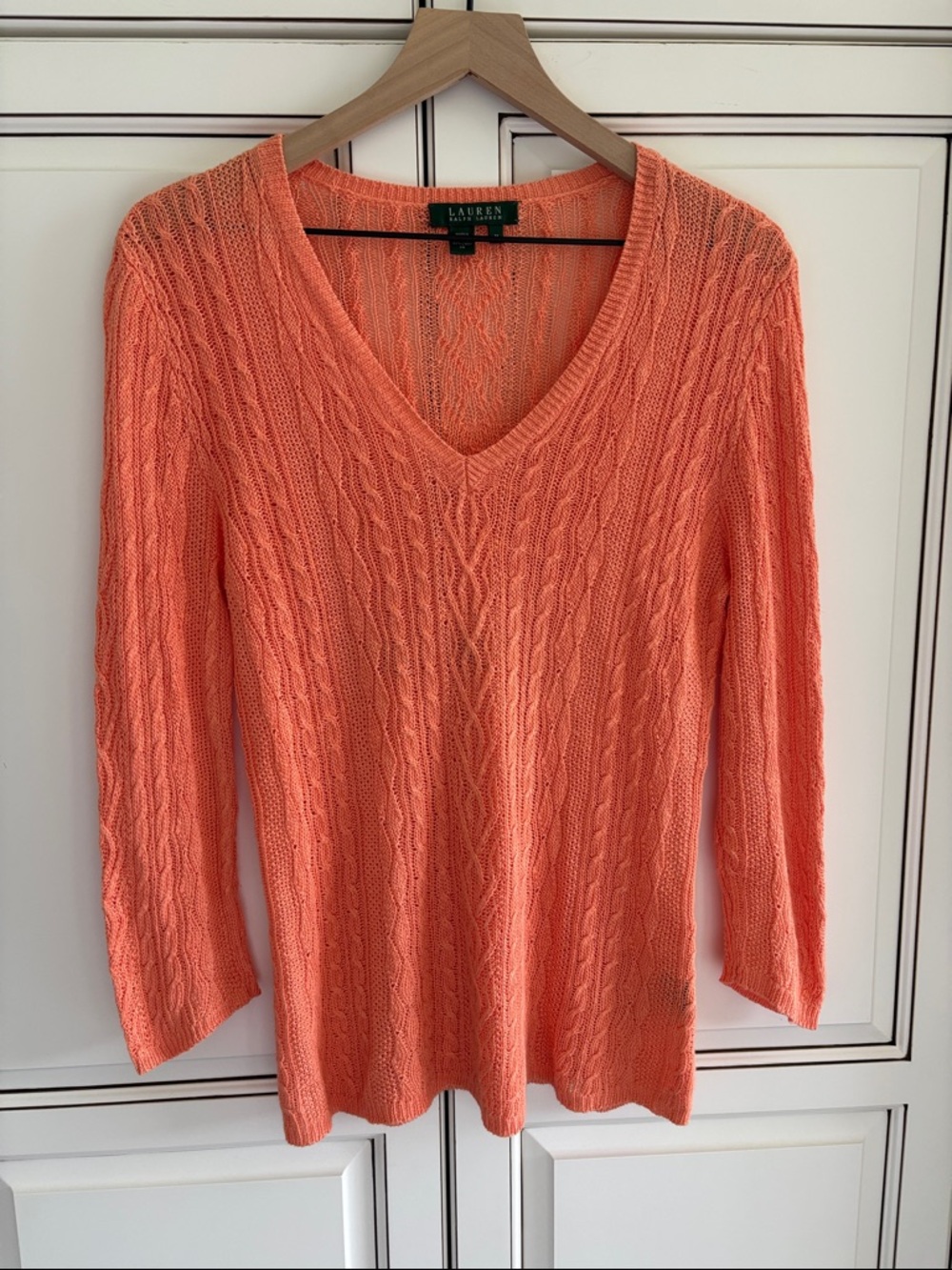 Vintage Ralph Lauren Linen Cable Knit Vneck Sweater Travel Orange Women’s Medium
